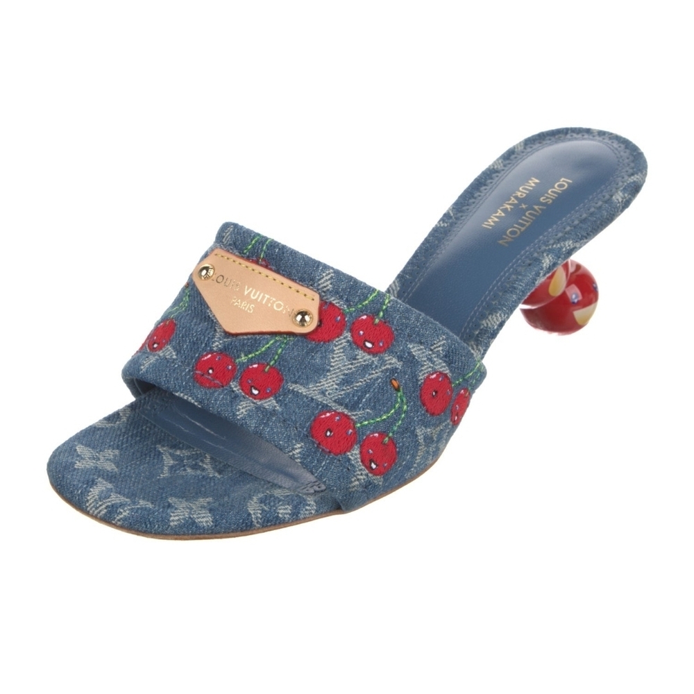 Louis Vuitton Blue Denim Mules with Red Cherry Heels